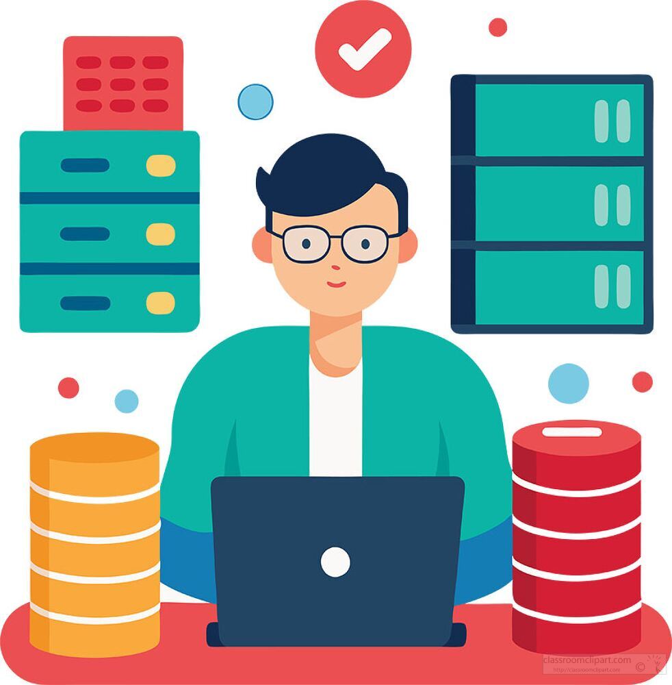 In a vibrant workspace, a focused database designer engages with a laptop. Surrounded by colorful database icons, stacks of data, and checkmarks, the atmosphere is dynamic and innovative.