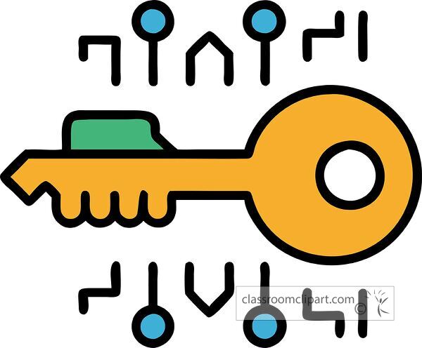 Colorful encryption key icon featuring geometric shapes and bold outlines