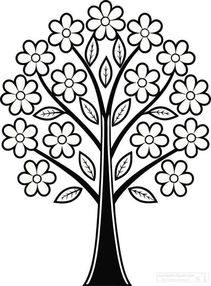 A detailed artistic representation of a tree adorned with numerous flowers each petal arranged neatly. The design features a sturdy trunk and branches extending outward creating a sense of fullness.