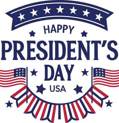 This creative typography design features a festive message for Presidents Day adorned with American flags