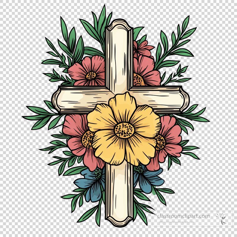 This artwork showcases a retro style cross adorned with vibrant flowers and green leaves The design blends elements of faith and nature, highlighting colorful blooms that enhance the overall aesthetic A perfect piece for various decorative uses