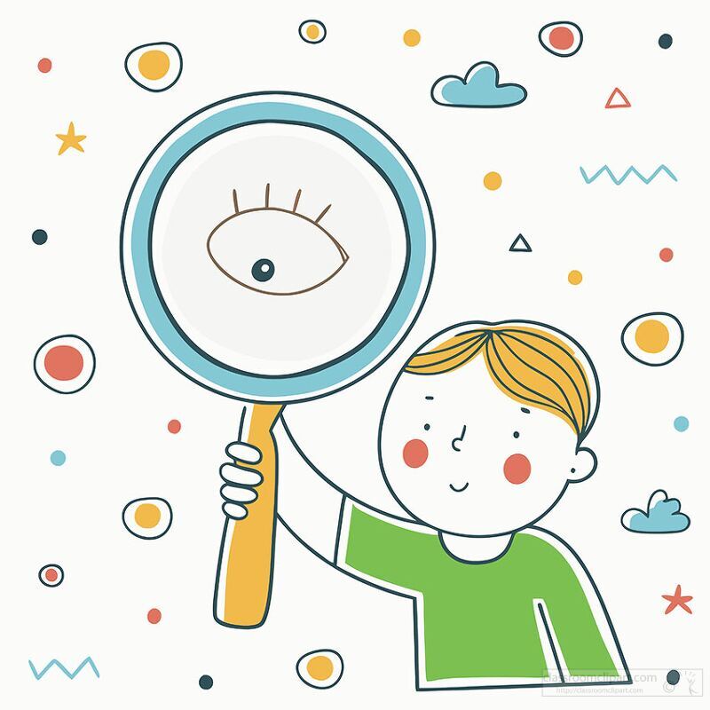 A child joyfully holds a magnifying glass to his eye, discovering the beauty of details all around him. The whimsical atmosphere is filled with colorful shapes and playful expressions.