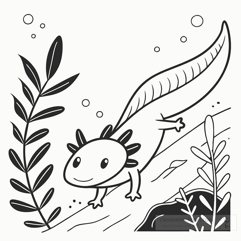 A black and white line drawing features an adorable axolotl gliding through aquatic vegetation Bubbles surround its friendly face in this charming clip art design