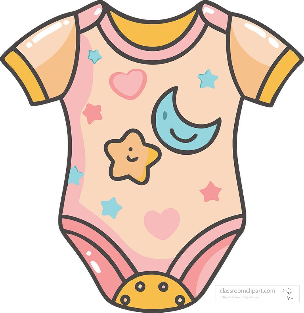 A colorful baby bodysuit showcases playful patterns with hearts stars and a smiling moon The light pastel colors create a cheerful look perfect for little ones