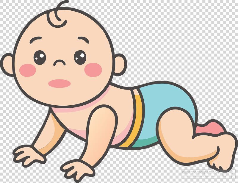 A baby is depicted crawling on the ground with curiosity. The baby has a playful expression and wears a light blue outfit. Its rounded features and gentle hues create a warm and inviting atmosphere.