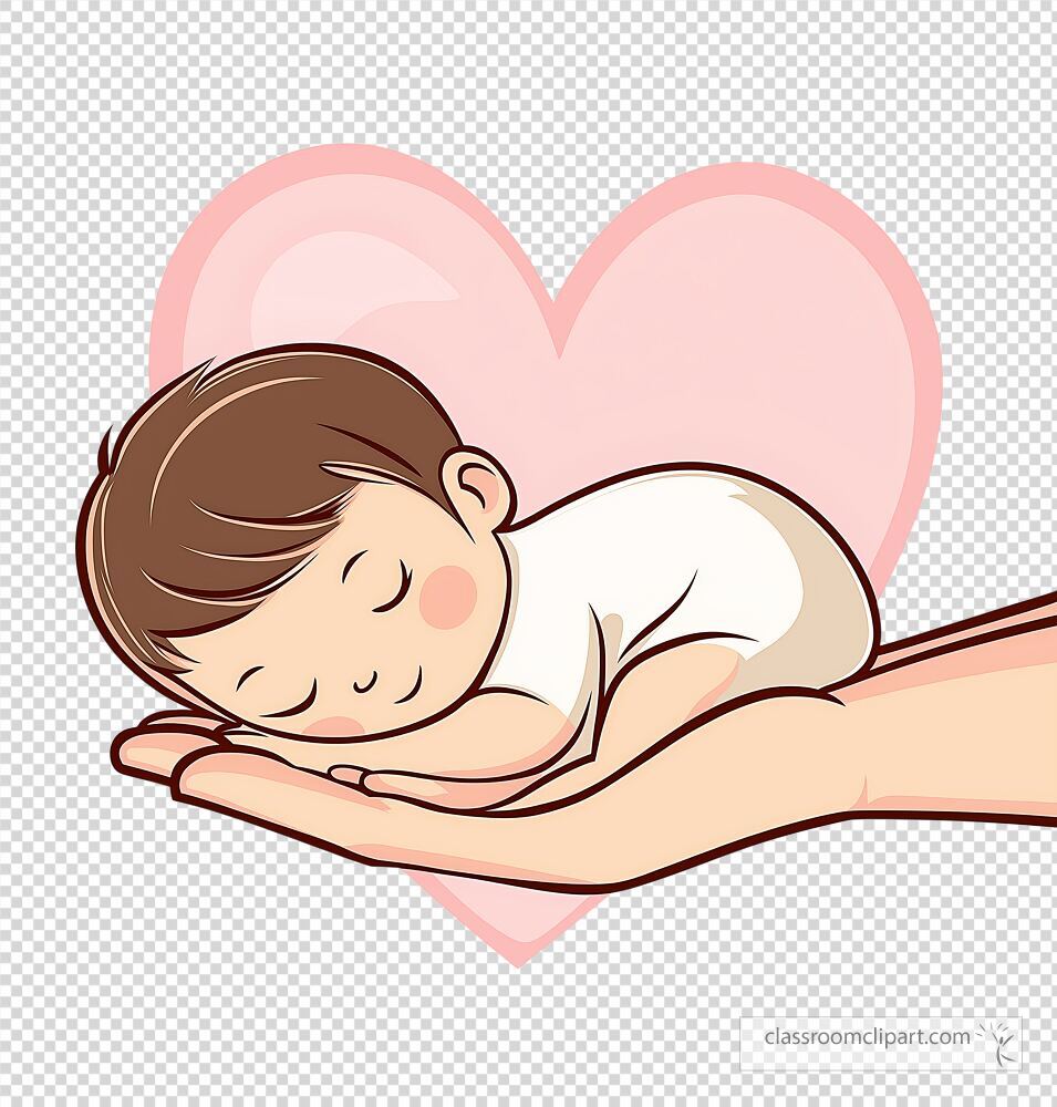 A cartoon depiction of a sleeping baby lying on an open hand surrounded by a heart shape The baby has short brown hair and a serene expression conveying warmth and tenderness