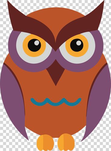 A brown owl with big eyes and colorful details