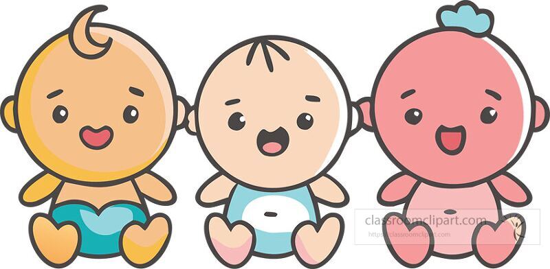 Three cheerful cartoon babies are sitting side by side Each baby has a distinct color and expression The overall design is colorful and friendly suitable for various fun themes