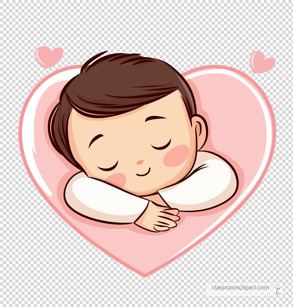 A cartoon baby with brown hair sleeps peacefully with a content expression The baby is surrounded by a heart shape creating a warm and loving atmosphere suitable for various themes