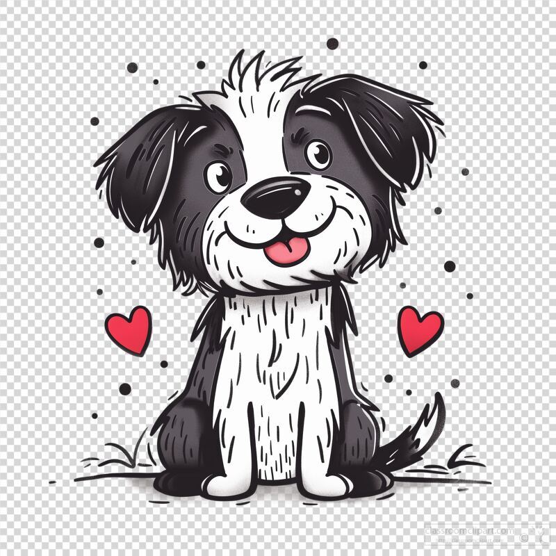 A charming black and white cartoon dog sits cheerfully on a grassy patch surrounded by playful heart symbols. Its joyful expression radiates warmth and happiness captivating all who see it.