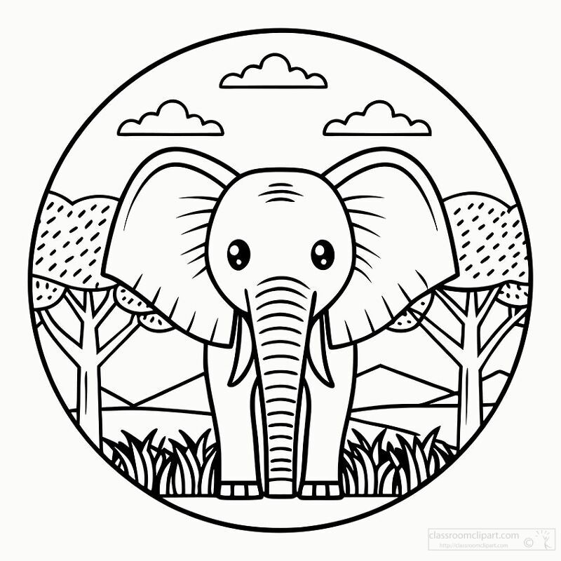 Cute Cartoon Elephant in Nature Coloring Page