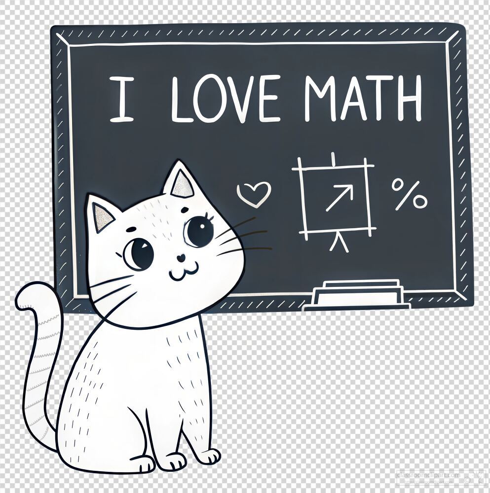 A playful cartoon cat sits happily beside a chalkboard that proudly states its love for math. The cat features wide eyes and a charming smile adding a cheerful vibe to the classroom setting while the board displays a heart and a simple chart.