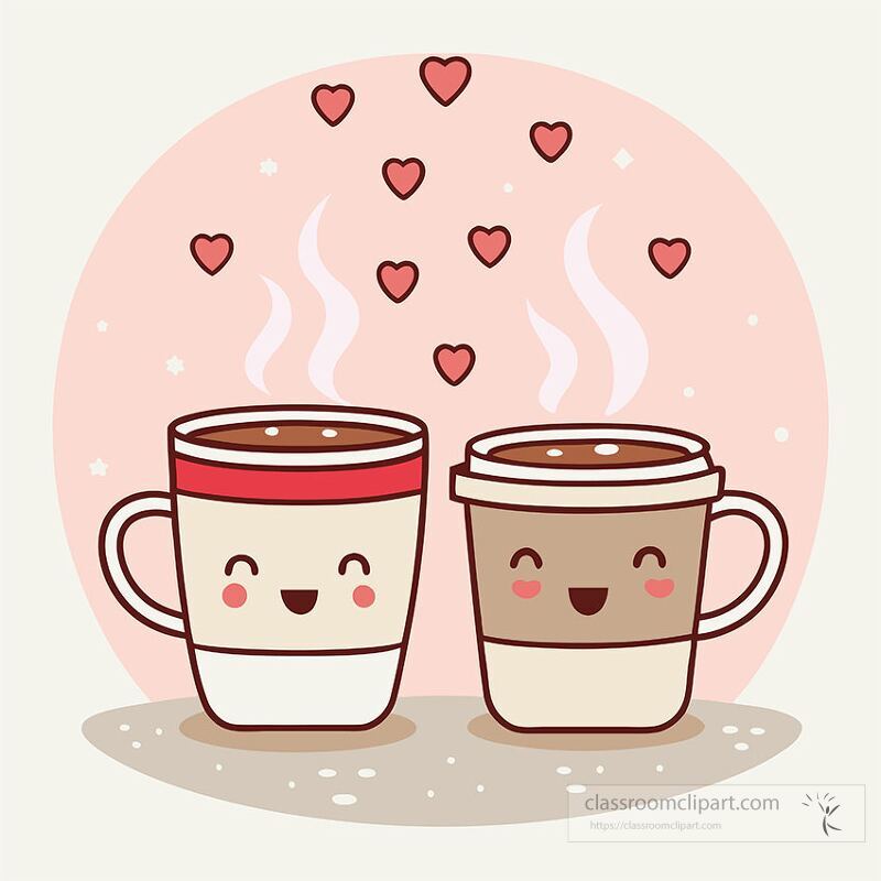 Two cheerful coffee cups sit together smiling with steam rising from them Hearts float above creating a warm and loving atmosphere suitable for a cozy cafe setting