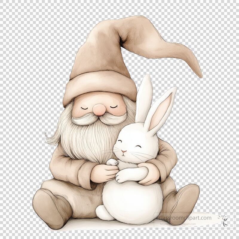 A charming gnome with a long beard and pointed hat embraces a fluffy white bunny The gnome appears happy and serene, showcasing a delightful bond between the two This whimsical interaction embodies the spirit of spring and new beginnings