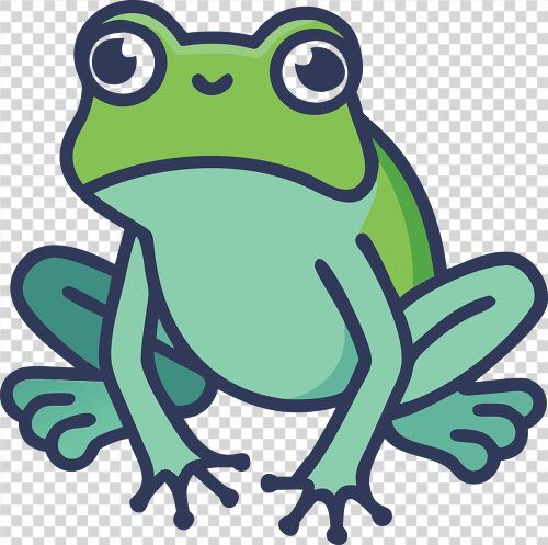 A joyful frog perched on its hind legs with wide eyes smiling