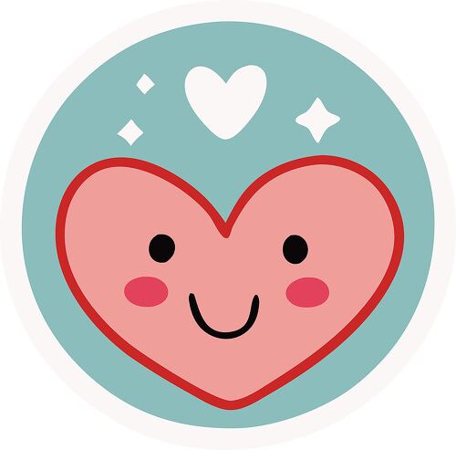 A round teal sticker with a smiling heart surrounded by small stars and sparkles