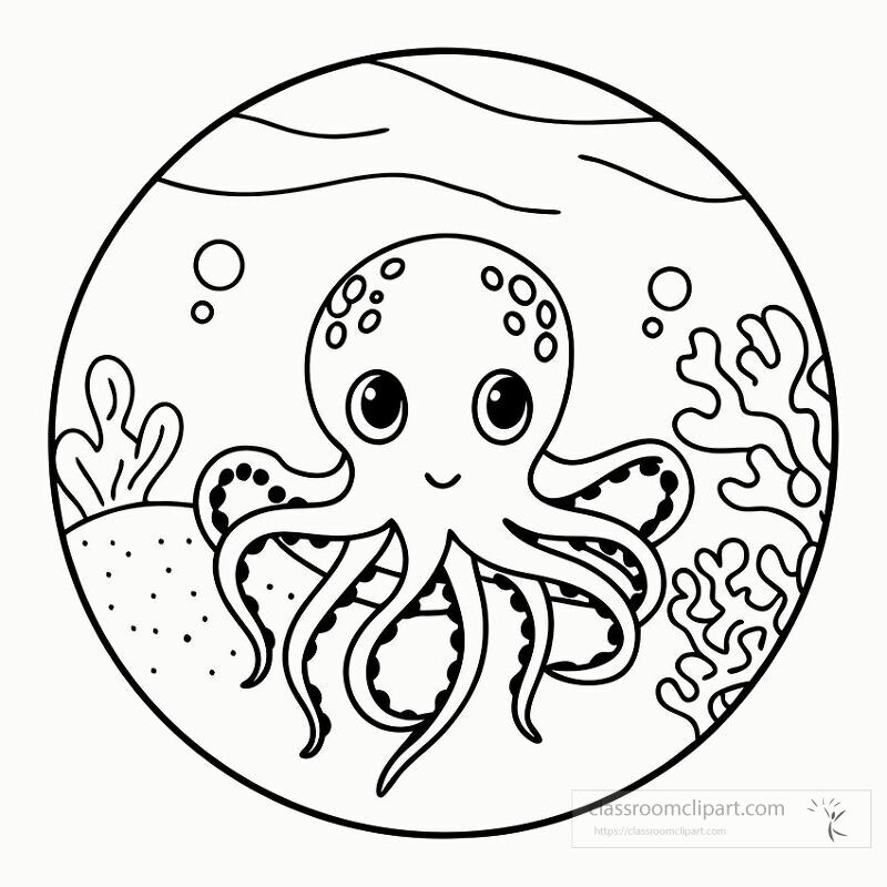 This black outline drawing features a playful octopus surrounded by underwater plants and bubbles perfect for coloring or educational materials for children and art enthusiasts