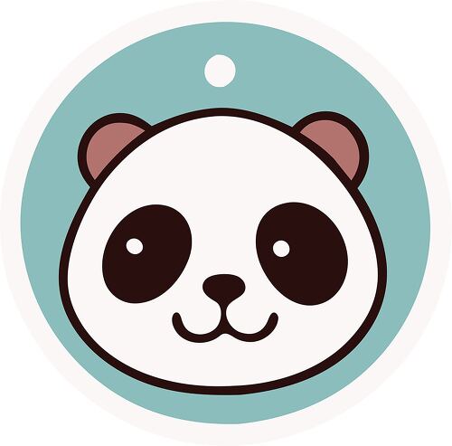 A round blue sticker with a small hole at the top featuring an adorable panda face