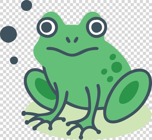 A cheerful green frog sits and looks around in a simple style