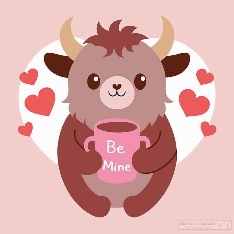 A charming yak with a friendly expression holds a pink coffee cup labeled Be Mine. Surrounded by floating hearts, it exudes a warm, affectionate vibe perfect for Valentine