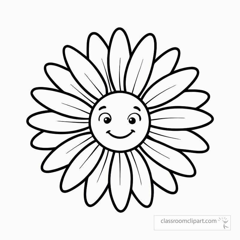 This black outline drawing features a cheerful daisy with a smiling face. Ideal for coloring activities it offers a fun way to enhance creativity and artistic skills for all ages.