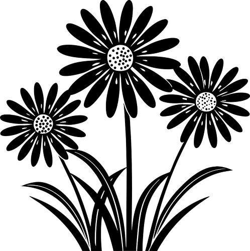 Black silhouette of three daisies with detailed petals and stems