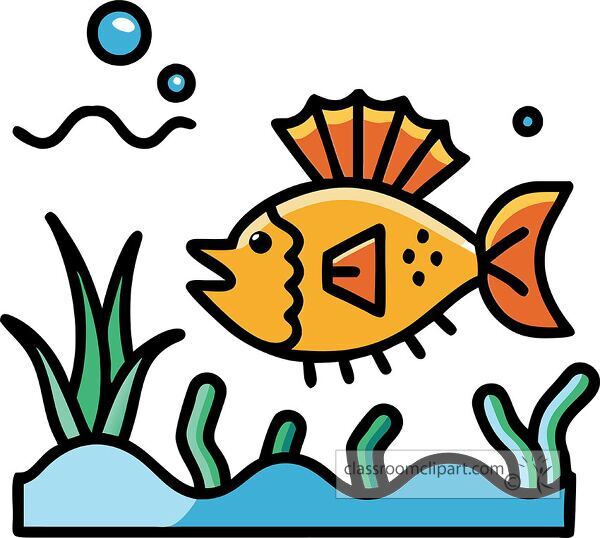 A colorful cartoon fish swimming in water with bubbles and aquatic plants around it.