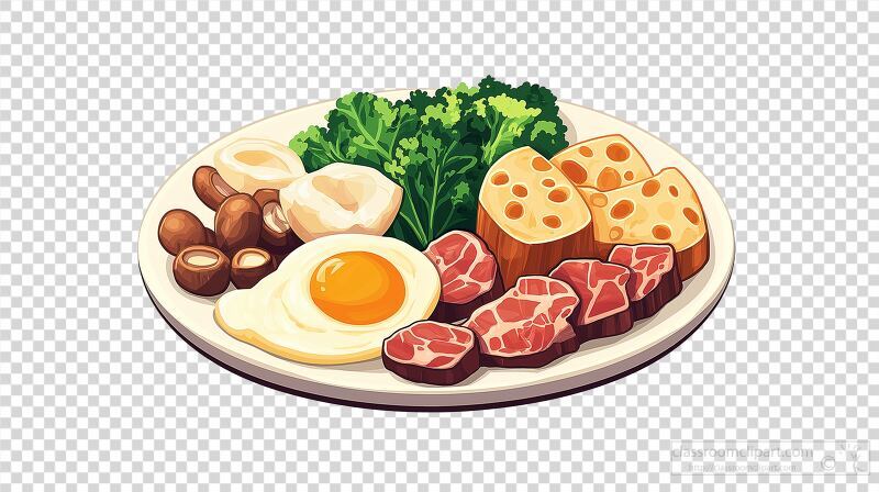 A plate showcases a cartoon style feast featuring eggs meats leafy greens cheese and mushrooms. The appetizing spread promises a satisfying meal any time of day.