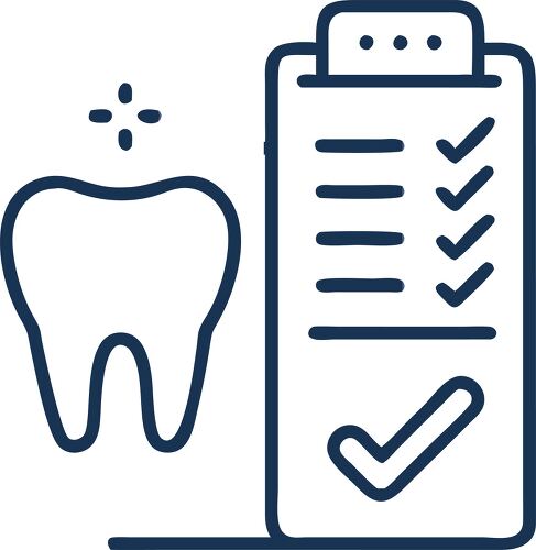 Illustration of dental checkup elements including teeth tools and a checklist for procedures.