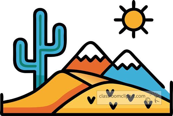 A colorful illustration of a desert landscape featuring a cactus, mountains, and a bright sun. The scene includes sandy hills and vibrant colors, depicting a sunny day in the desert.