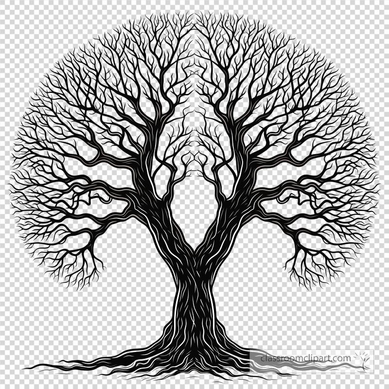 A black and white graphic depicts a tree with elaborate branches extending outward