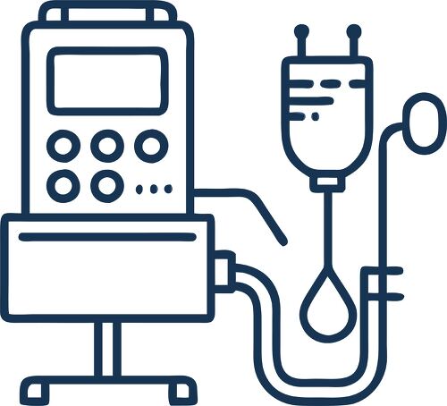 Dialysis machine with fluid bags and buttons for patient treatment in a medical facility.