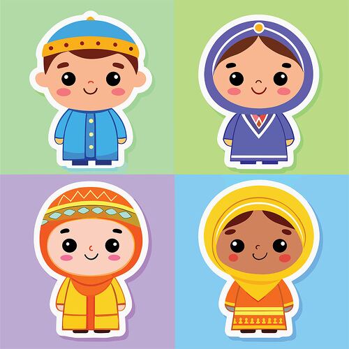 A collection of four adorable children dressed in colorful traditional clothing.