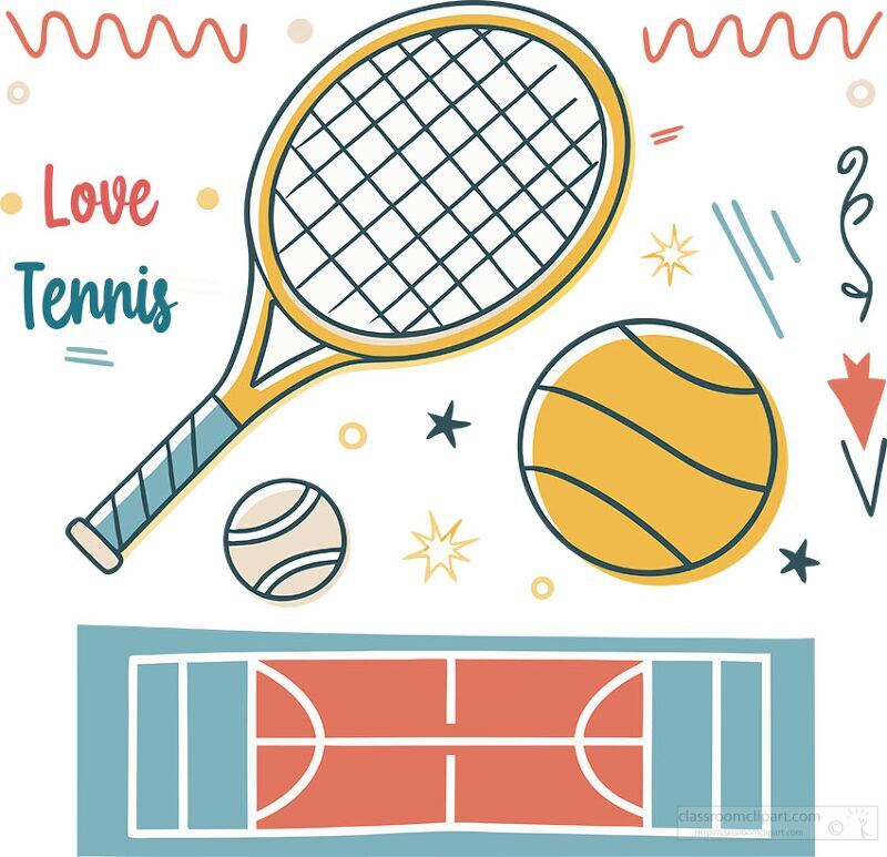 Dynamic artwork captures the essence of sports. A tennis racket and balls intertwine with basketball motifs, celebrating athleticism in a colorful and playful style.