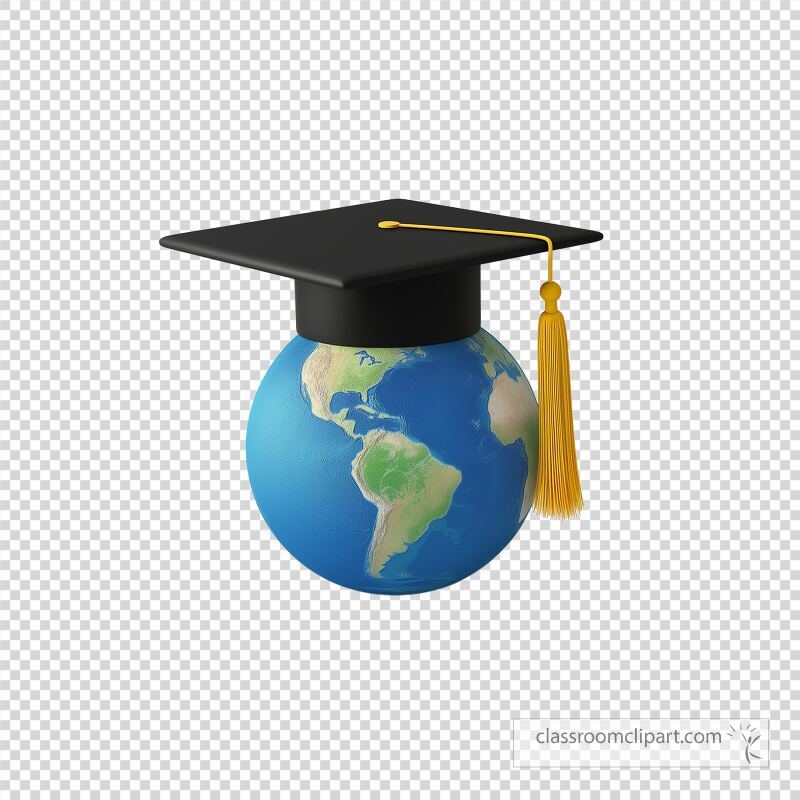 A globe representing Earth is topped with a black graduation cap and a yellow tassel This visual signifies global education and the pursuit of knowledge across borders