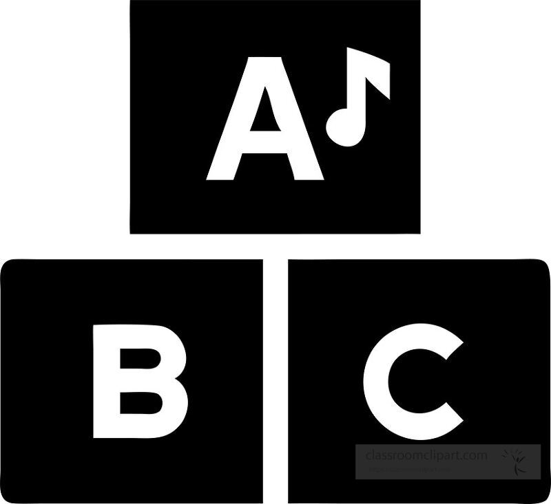 Bright bold blocks feature letters A B and C along with a music note symbol illustrating a fun and engaging way to teach music and language skills to young learners