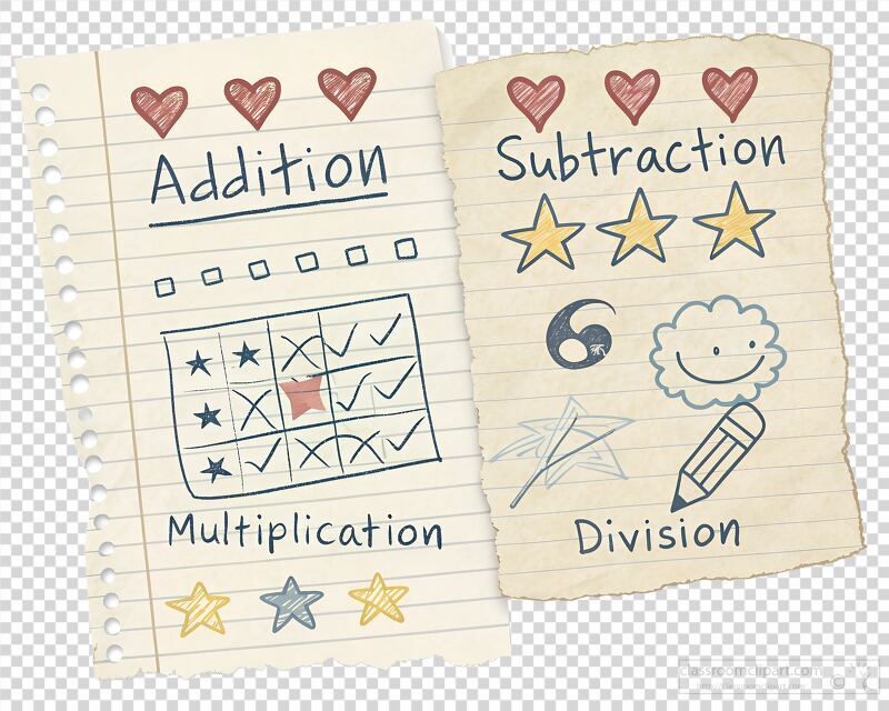 Hand drawn notes display various arithmetic operations including addition subtraction multiplication and division. The pages appear slightly crumpled showcasing creativity and learning.