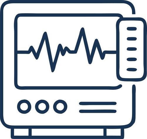 An EKG machine icon displays heart activity through waveforms on a screen and assists in diagnosis.