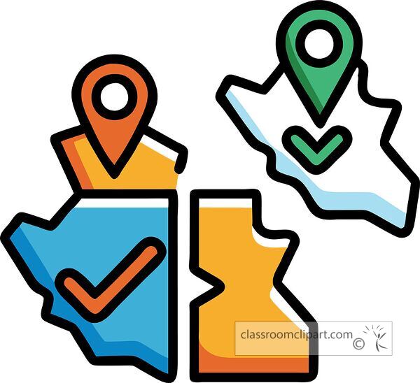 A stylized illustration of two states with location markers and check marks, symbolizing verification or approval. The states are colored in blue and orange, with a green marker on one.