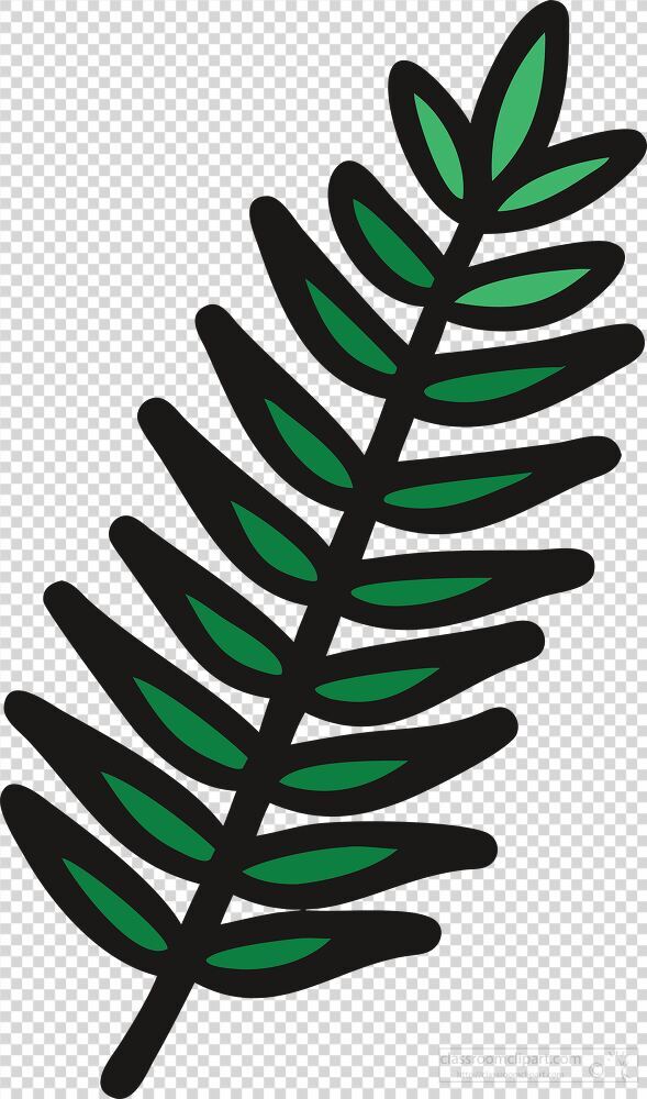 A vibrant green fern leaf extends diagonally, showcasing a unique design with bold black outlines. This artwork captures the essence of nature in a stylized manner, perfect for creative projects.