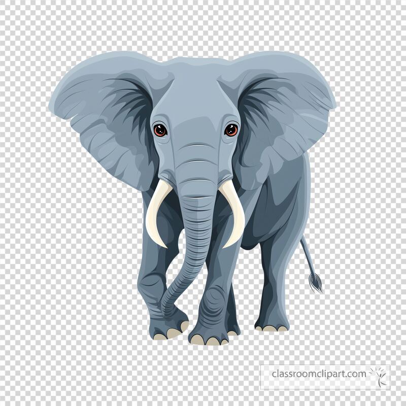 A large gray elephant with prominent tusks walks forward Its trunk hangs down and ears are flared showcasing its gentle demeanor The isolation on white creates a striking visual impact