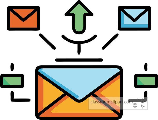 Flat design illustration of an email inbox with vibrant colors and simple shapes