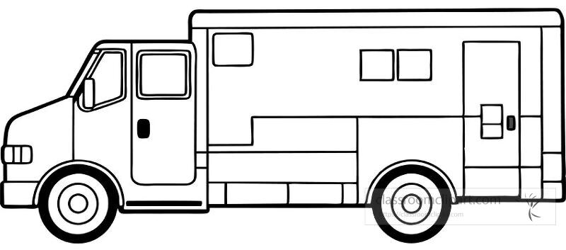 This clip art features a black outline of an emergency vehicle designed for various projects It showcases the vehicles shape and details in a simple and clear style appropriate for use in graphics