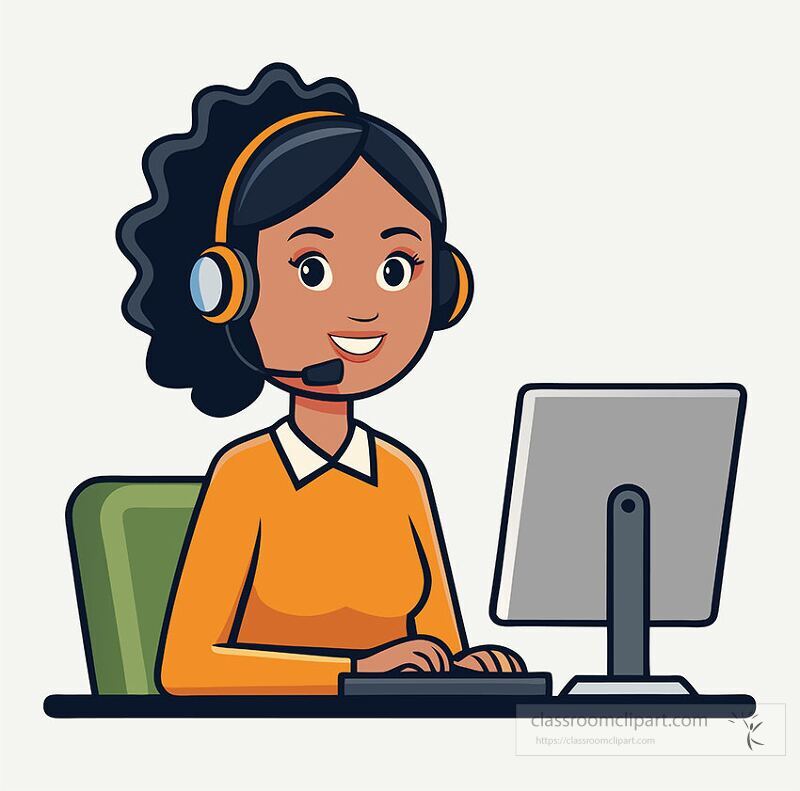 A cheerful customer service representative with curly hair wears a headset while typing on a desktop computer Focused and ready to assist clients in a professional workspace