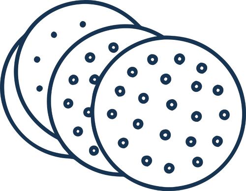 Three English muffins depicted in a minimalist outline style.