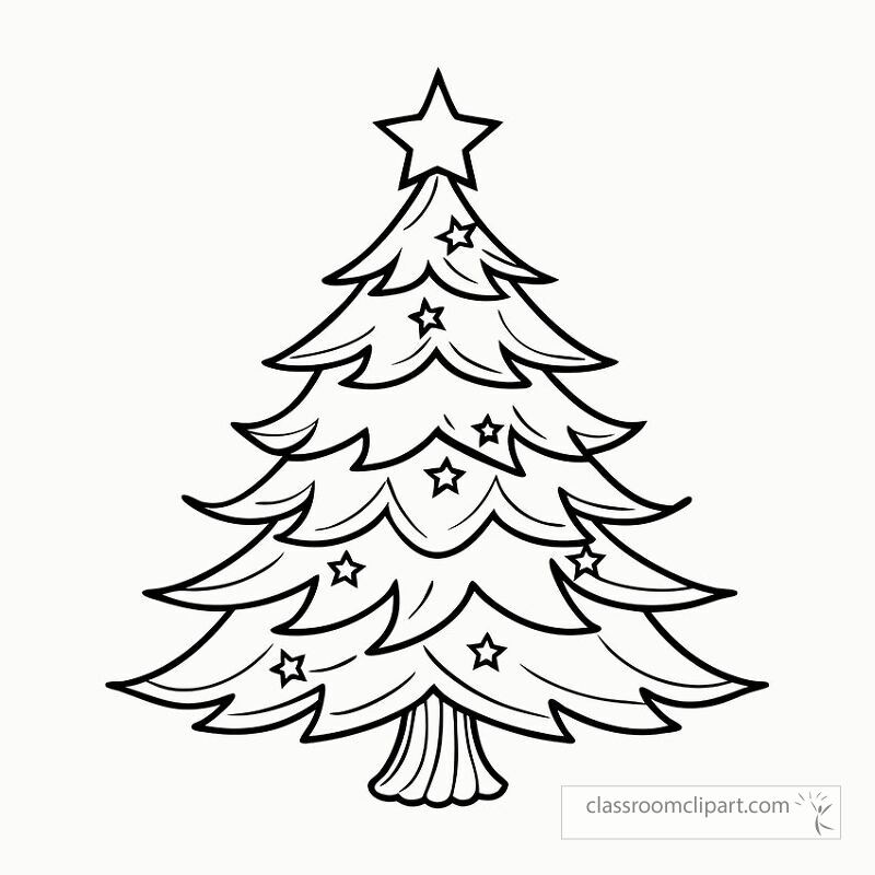 This black outline of an evergreen tree features decorative elements like stars and waves perfect for coloring or craft activities at any time of the year or holiday.