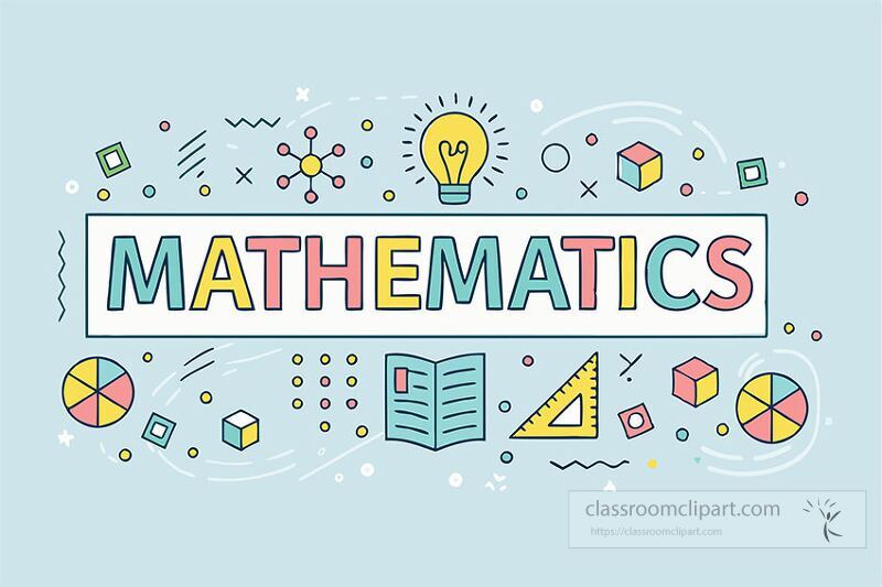 Colorful clip art showcases the theme of mathematics featuring geometric shapes a light bulb an open book and playful designs Perfect for educational materials and creativity