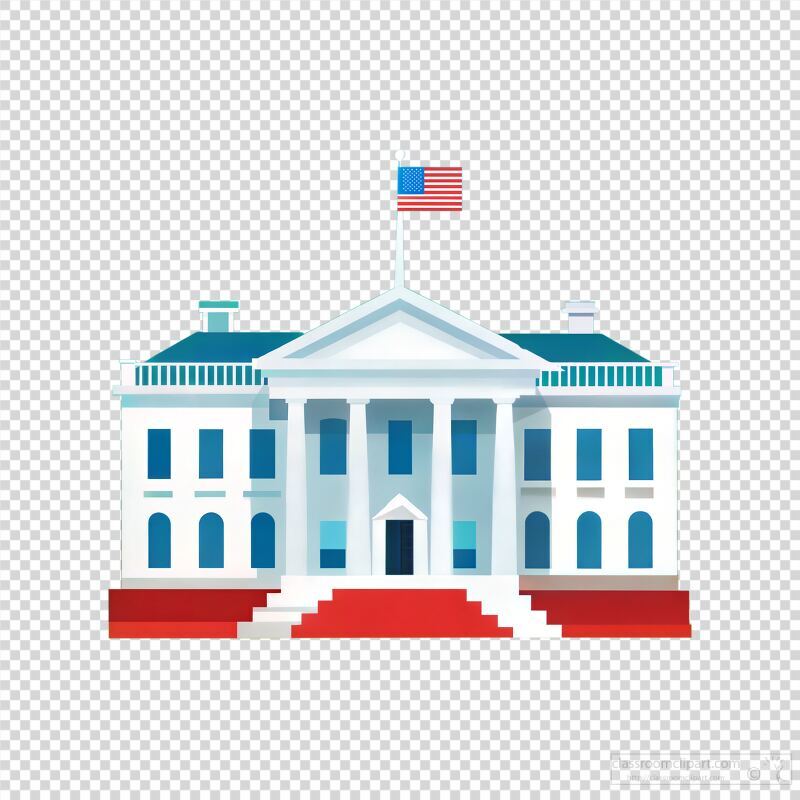 A striking depiction of the white house showcasing its neoclassical architecture and grand façade. The vibrant colors highlight the iconic structure as it stands prominently against the sky.