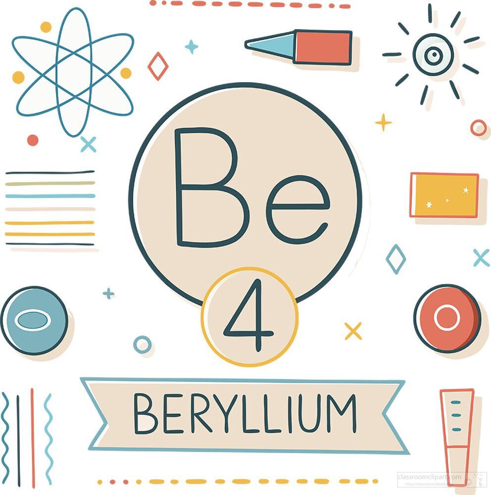 This creative representation highlights the chemical element beryllium with its symbol Be and atomic number 4. Vibrant illustrations showcase its scientific significance and characteristics.