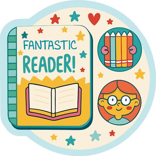 A colorful sticker featuring a book with 